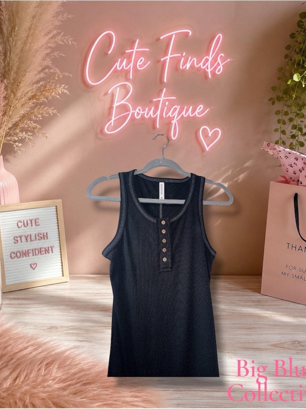 Black Ribbed Henley Tank Top - Women
